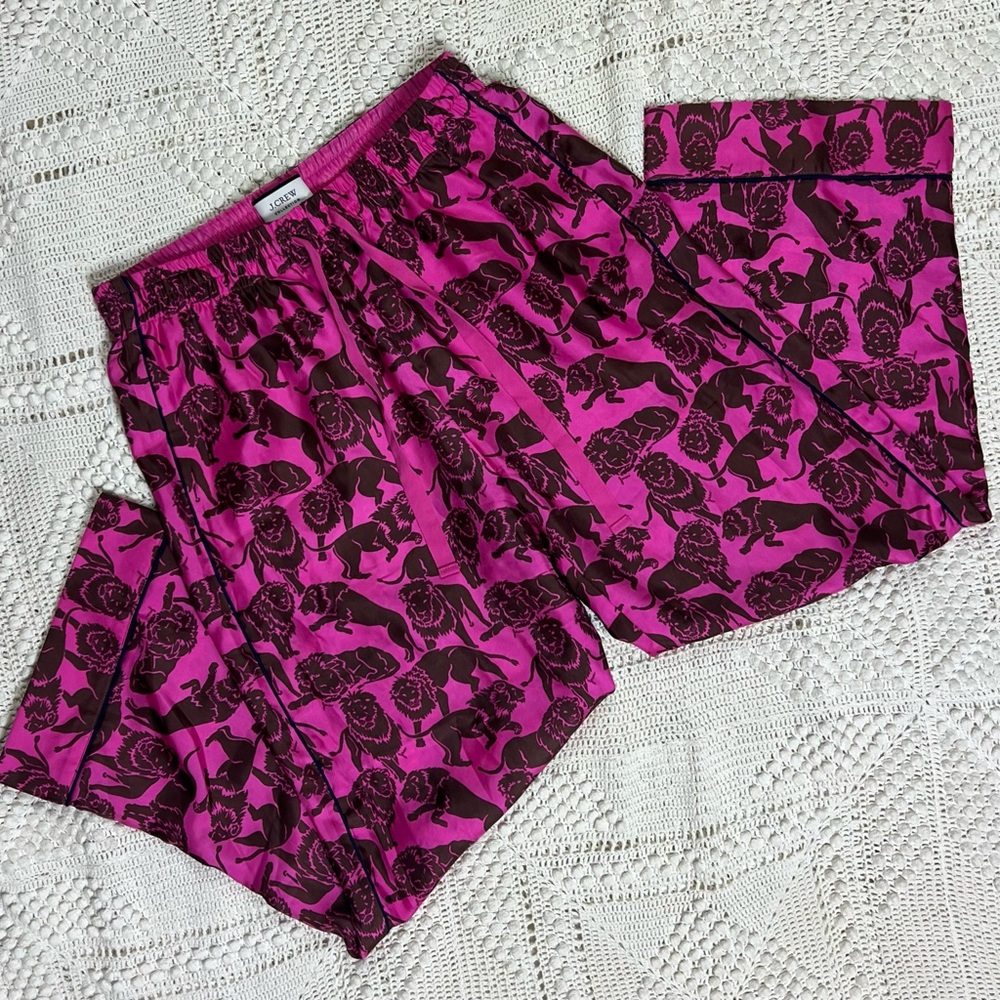 J.Crew Collection 100% Silk Relaxed Pants in Sleepy Lions Pink Pajama SIZE 4 - Picture 3 of 7